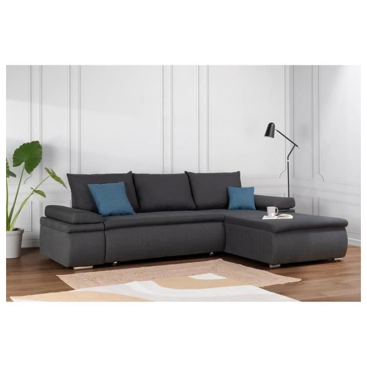 CELINA Canapé d'angle réversible convertible 3 places + Coffre de rangement - Tissu gris - L 274 x P 184 cm