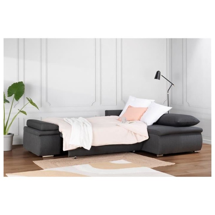 CELINA Canapé d'angle réversible convertible 3 places + Coffre de rangement - Tissu gris - L 274 x P 184 cm