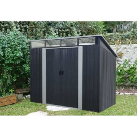 Abri de jardin en métal 4,61 m² - 238 x 193 x 202 cm - SOLER - Kit d'ancrage inclus, 2 portes coulissantes - Gris