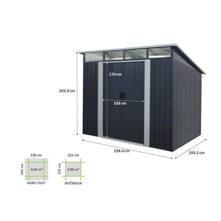Abri de jardin en métal 4,61 m² - 238 x 193 x 202 cm - SOLER - Kit d'ancrage inclus, 2 portes coulissantes - Gris Abri de jardin en métal 4,61 m² - 238 x 193 x 202 cm - SOLER - Kit d'ancrage inclus, 2 portes coulissantes - Gris