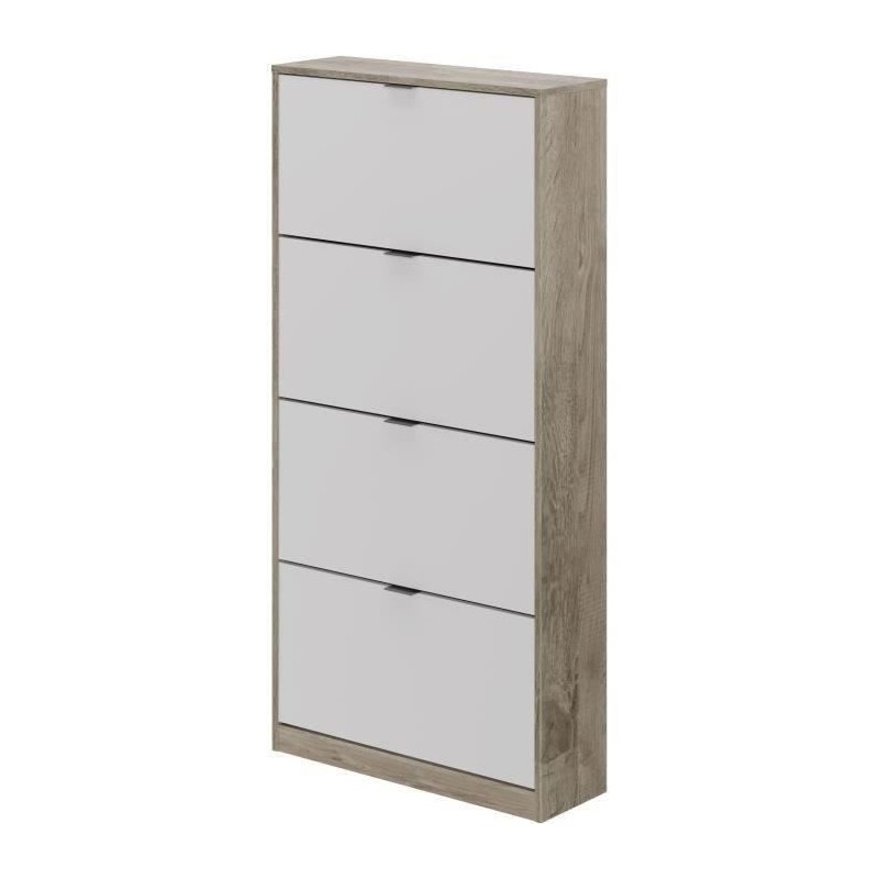 Meuble a chaussures - 4 Portes - Chene et blanc - 75x24x154 cm - Leona