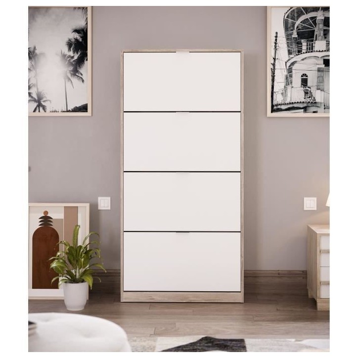 Meuble a chaussures - 4 Portes - Chene et blanc - 75x24x154 cm - Leona Meuble a chaussures - 4 Portes - Chene et blanc - 75x24x154 cm - Leona