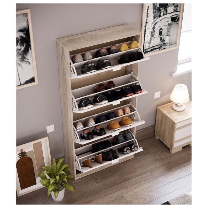 Meuble a chaussures - 4 Portes - Chene et blanc - 75x24x154 cm - Leona Meuble a chaussures - 4 Portes - Chene et blanc - 75x24x154 cm - Leona