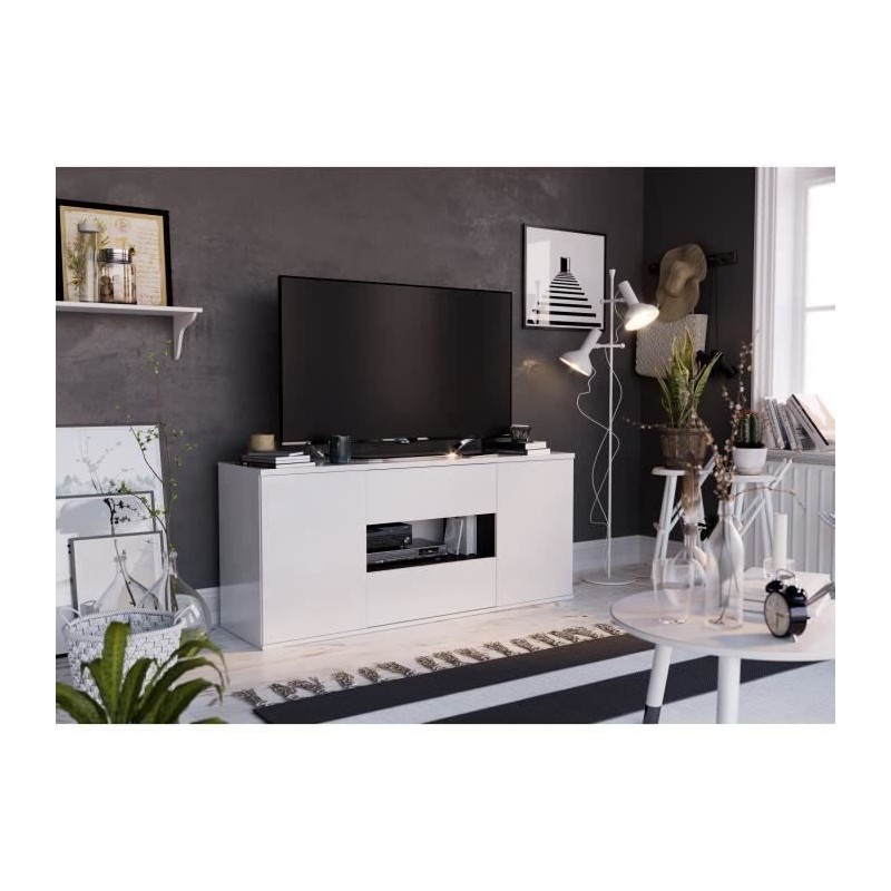 STAR Meuble TV 2 portes 2 tiroirs - Blanc brillant et gris - L 150 x P STAR Meuble TV 2 portes 2 tiroirs - Blanc brillant et gris - L 150 x P