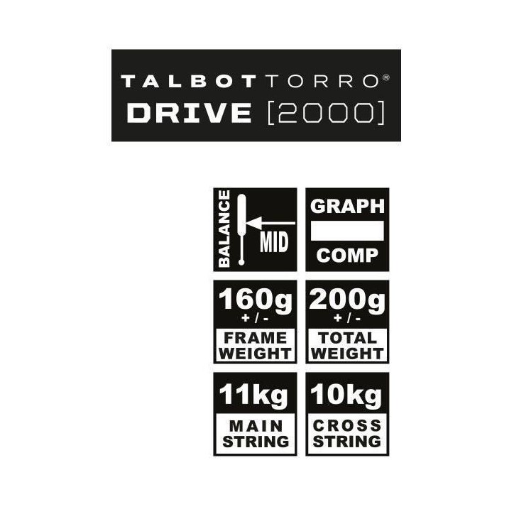Raquette - TALBOT TORRO - DRIVE 2000 - Cordage US 500 - Tete 500cm² - Cadre 19mm/160g - 200g Raquette - TALBOT TORRO - DRIVE 2000 - Cordage US 500 - Tete 500cm² - Cadre 19mm/160g - 200g