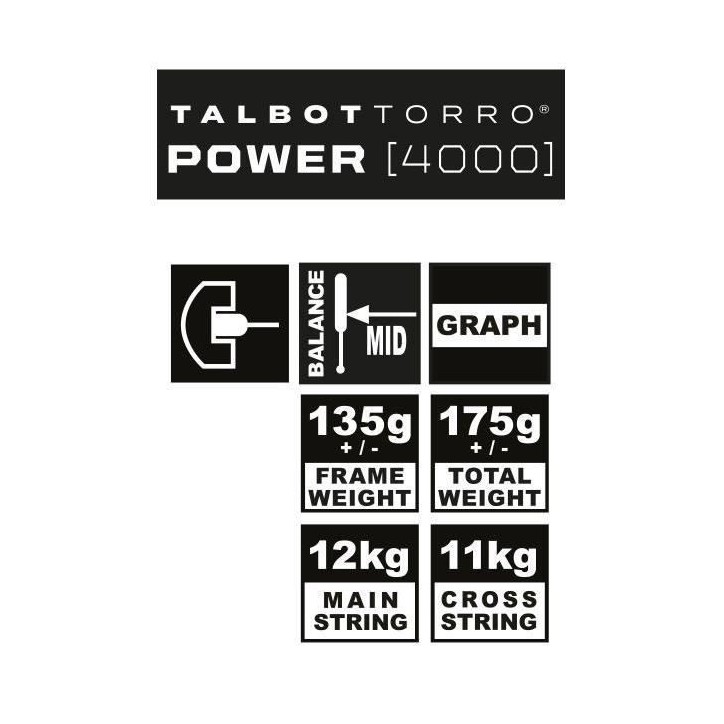 Raquette de squash - TALBOT TORRO - POWER 4000 - Profil en U - Cordage US 500 - Tete 480cm² - Cadre 18.2mm/135g - 175g Raquette de squash - TALBOT TORRO - POWER 4000 - Profil en U - Cordage US 500 - Tete 480cm² - Cadre 18.2mm/135g - 175g
