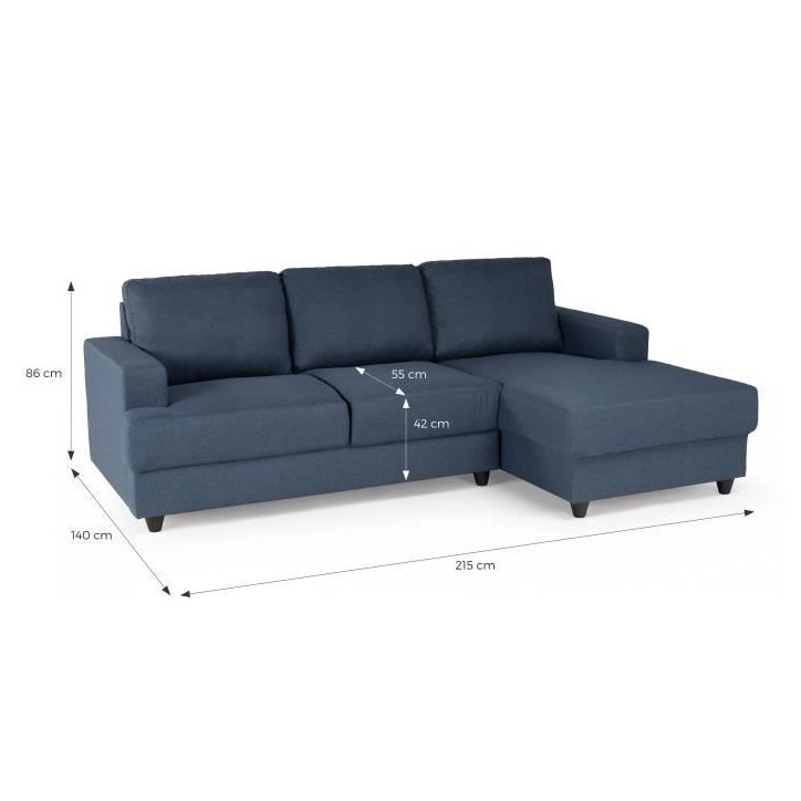 Canapé d'angle droit 4 places - Tissu bleu - Contemporain - L 215 x P 140 H 86 cm - PAUL Canapé d'angle droit 4 places - Tissu bleu - Contemporain - L 215 x P 140 H 86 cm - PAUL