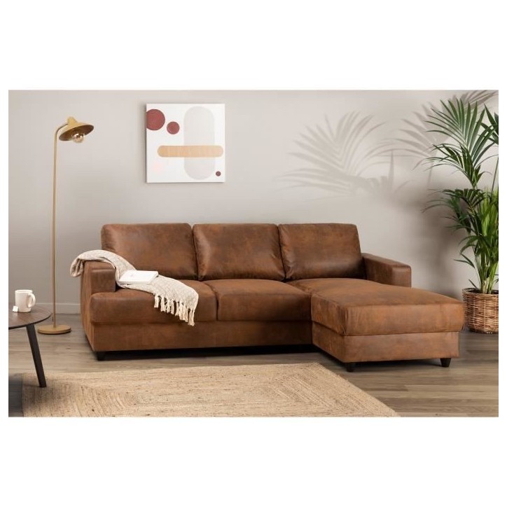 Canapé d'angle droit 4 places - Tissu marron vintage - Contemporain - L 215 x P 140 x H 86 cm - PAUL Canapé d'angle droit 4 places - Tissu marron vintage - Contemporain - L 215 x P 140 x H 86 cm - PAUL
