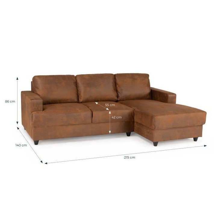 Canapé d'angle droit 4 places - Tissu marron vintage - Contemporain - L 215 x P 140 x H 86 cm - PAUL Canapé d'angle droit 4 places - Tissu marron vintage - Contemporain - L 215 x P 140 x H 86 cm - PAUL