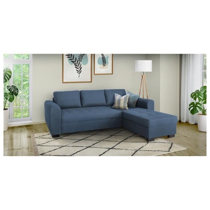 Canapé d'angle fixe réversible 4 places - Tissu Bleu - L245 x P150 x H86 cm - HAMILTON - Fabriqué en Ukraine