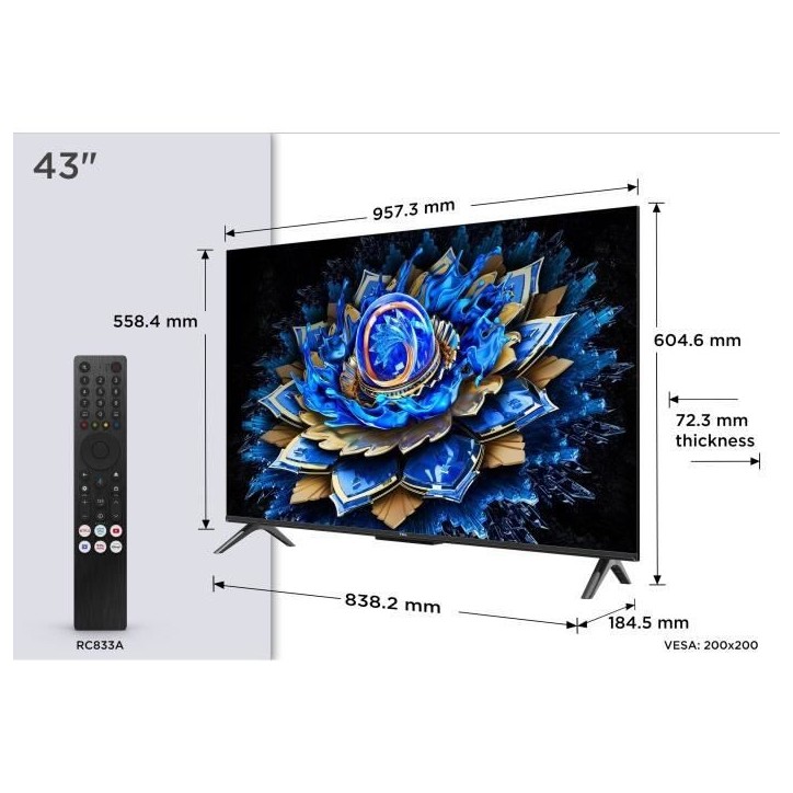 TCL 43T69C - TV QLED 43 (109 cm) - 4K UHD 3840x2160 - HDR10+ - Android TV - 3xHDMI 2.1 - WiFi