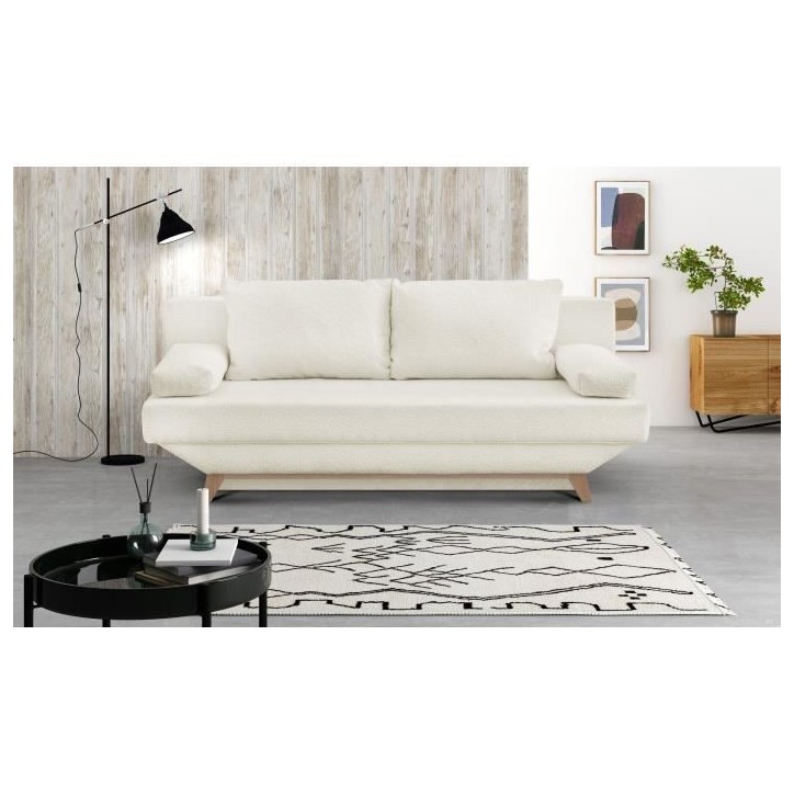 Banquette convertible 3 places TEIJO - Tissu bouclette beige - Coffre de rangement - L187 x P91x H82 cm