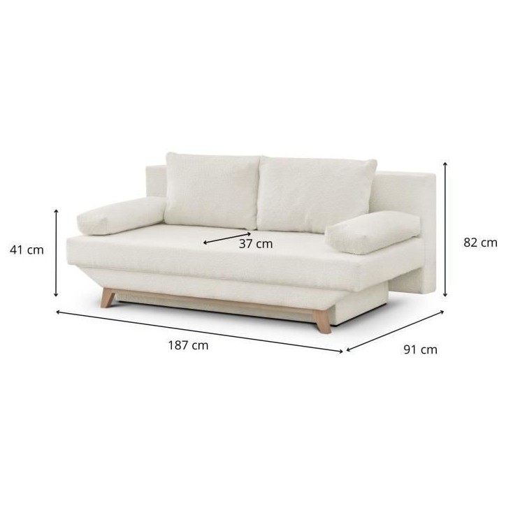 Banquette convertible 3 places TEIJO - Tissu bouclette beige - Coffre de rangement - L187 x P91x H82 cm