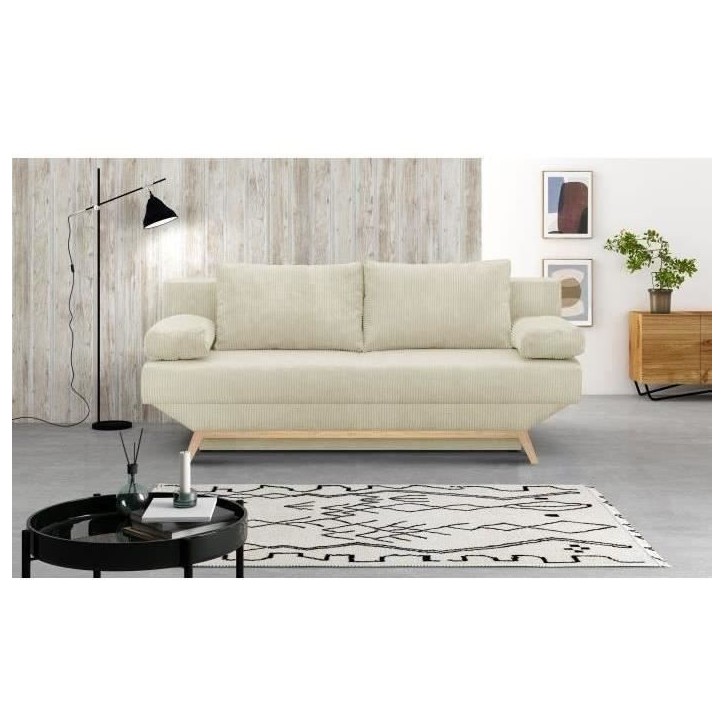 Banquette convertible 3 places - Coffre de rangement - Tissu velours côtelé beige - L 190 x H 92 x P 84 cm - TEIJO