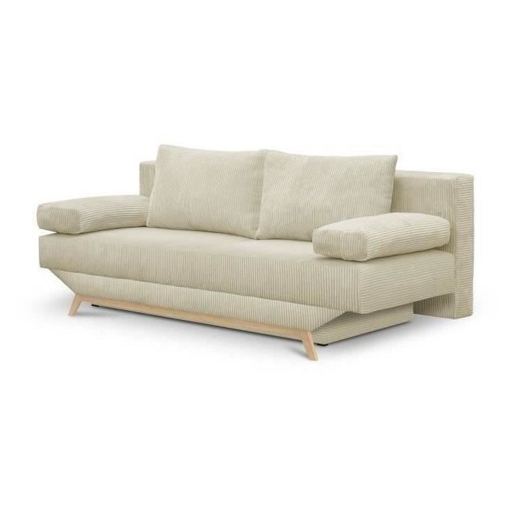 Banquette convertible 3 places - Coffre de rangement - Tissu velours côtelé beige - L 190 x H 92 x P 84 cm - TEIJO