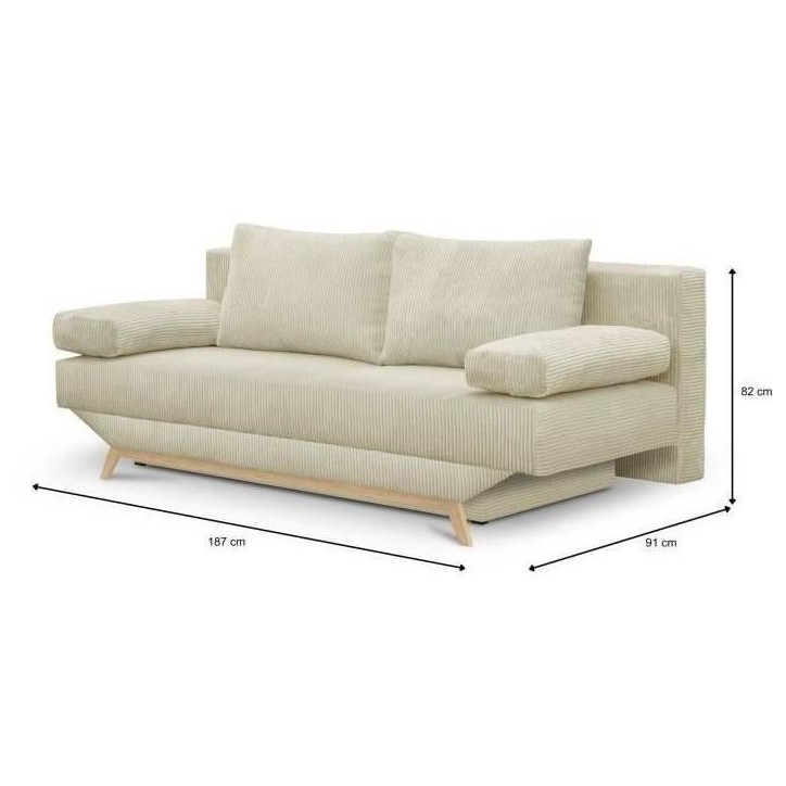 Banquette convertible 3 places - Coffre de rangement - Tissu velours côtelé beige - L 190 x H 92 x P 84 cm - TEIJO