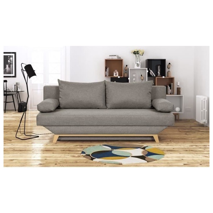 TEIJO Banquette convertible 3 places avec coffre de rangement - Tissu Taupe - L187 x P 91 x H 82 cm