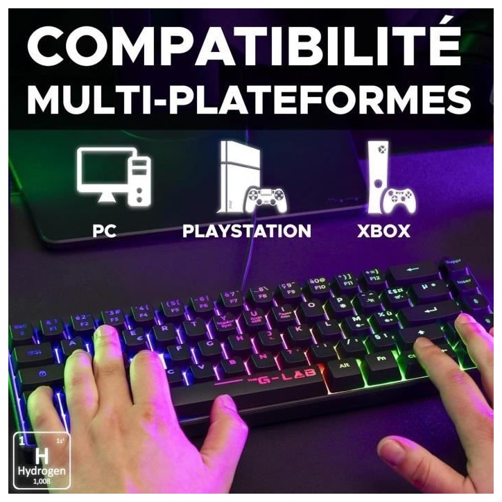 Clavier Gamer - The G-Lab - KEYZ HYDROGEN - 60% Format Compact - Rétroéclairé - Filaire - Noir