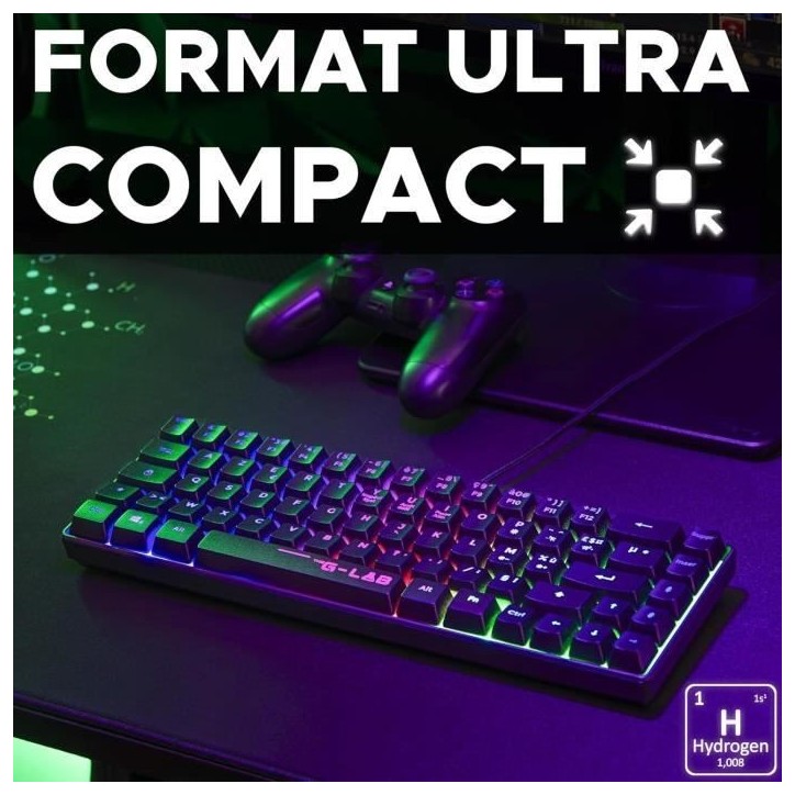 Clavier Gamer - The G-Lab - KEYZ HYDROGEN - 60% Format Compact - Rétroéclairé - Filaire - Noir
