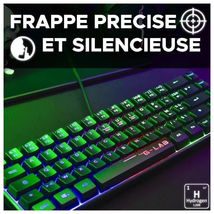 Clavier Gamer - The G-Lab - KEYZ HYDROGEN - 60% Format Compact - Rétroéclairé - Filaire - Noir