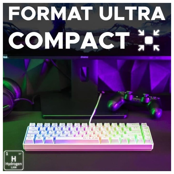 Clavier Gamer - The G-Lab - KEYZ HYDROGEN - 60% Format Compact - Rétroéclairé - Filaire - Blanc