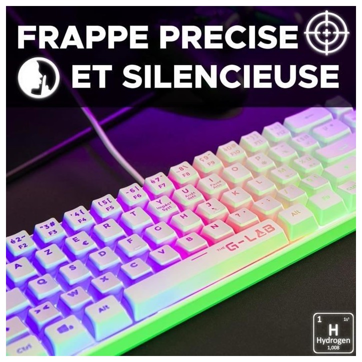 Clavier Gamer - The G-Lab - KEYZ HYDROGEN - 60% Format Compact - Rétroéclairé - Filaire - Blanc