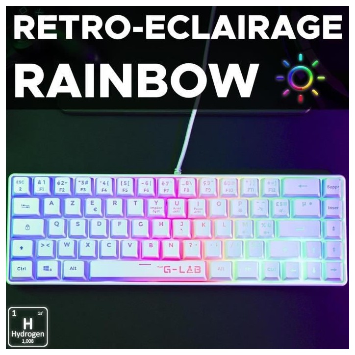 Clavier Gamer - The G-Lab - KEYZ HYDROGEN - 60% Format Compact - Rétroéclairé - Filaire - Blanc