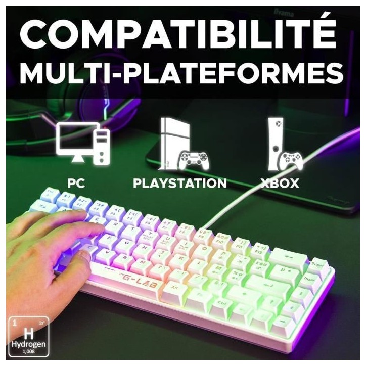 Clavier Gamer - The G-Lab - KEYZ HYDROGEN - 60% Format Compact - Rétroéclairé - Filaire - Blanc