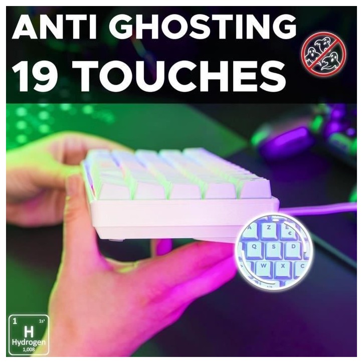 Clavier Gamer - The G-Lab - KEYZ HYDROGEN - 60% Format Compact - Rétroéclairé - Filaire - Blanc