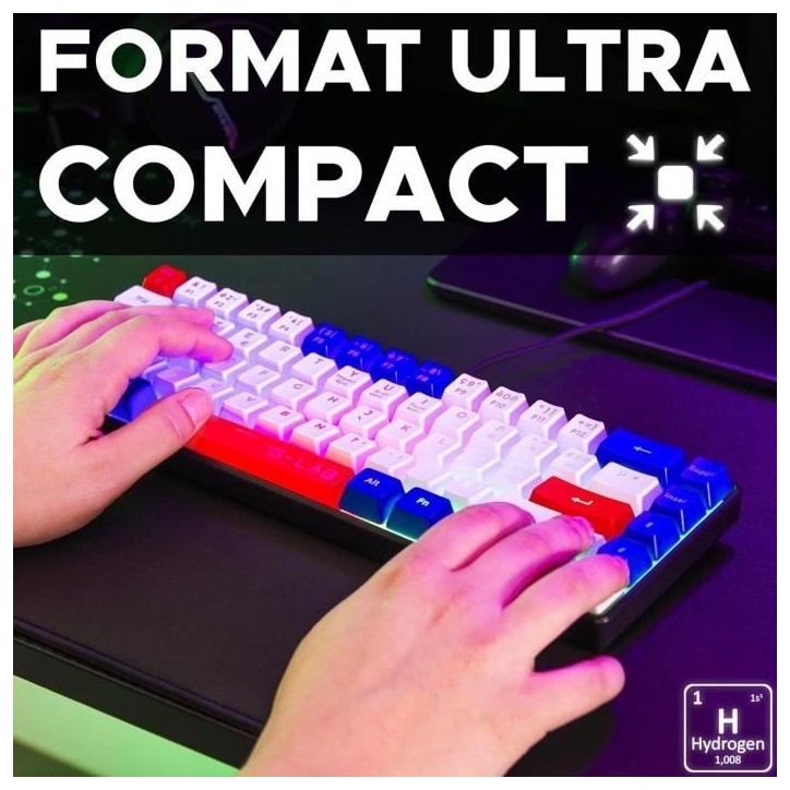 Clavier Gamer - The G-Lab - KEYZ HYDROGEN - 60% Format Compact - Rétroéclairé - Filaire - Bleu/Blanc/Rouge Clavier Gamer - The G-Lab - KEYZ HYDROGEN - 60% Format Compact - Rétroéclairé - Filaire - Bleu/Blanc/Rouge