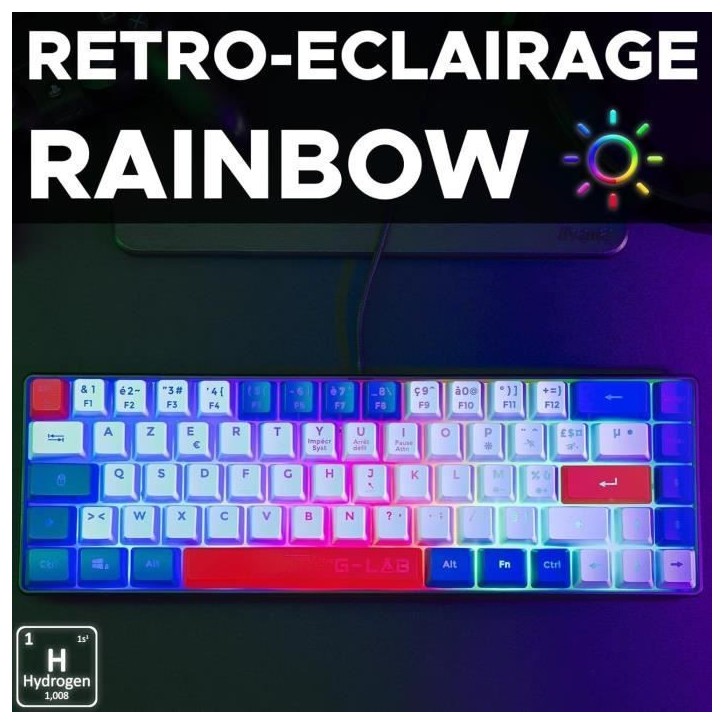 Clavier Gamer - The G-Lab - KEYZ HYDROGEN - 60% Format Compact - Rétroéclairé - Filaire - Bleu/Blanc/Rouge Clavier Gamer - The G-Lab - KEYZ HYDROGEN - 60% Format Compact - Rétroéclairé - Filaire - Bleu/Blanc/Rouge