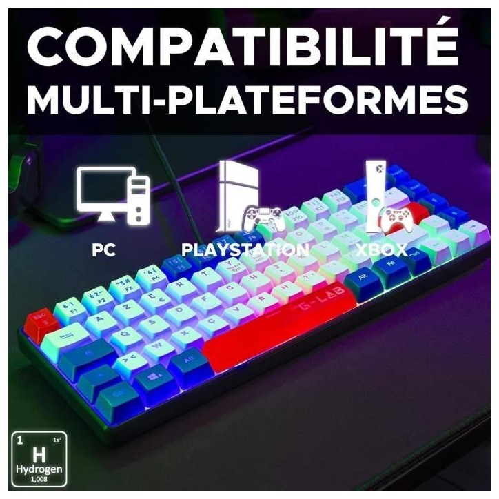 Clavier Gamer - The G-Lab - KEYZ HYDROGEN - 60% Format Compact - Rétroéclairé - Filaire - Bleu/Blanc/Rouge Clavier Gamer - The G-Lab - KEYZ HYDROGEN - 60% Format Compact - Rétroéclairé - Filaire - Bleu/Blanc/Rouge