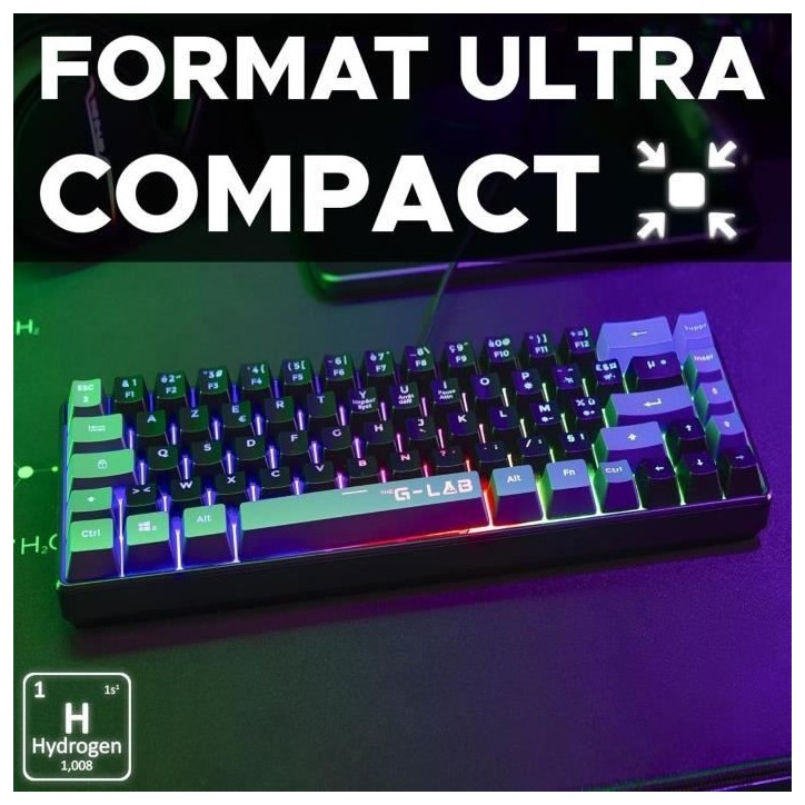 Clavier Gamer - The G-Lab - KEYZ HYDROGEN - 60% Format Compact - Rétroéclairé - Filaire - Noir/Gris Clavier Gamer - The G-Lab - KEYZ HYDROGEN - 60% Format Compact - Rétroéclairé - Filaire - Noir/Gris