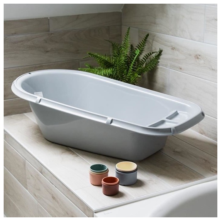 Baignoire bébé - THERMOBABY - Luxe Gris Charme - Taille adaptée - Stable et robuste - Bouchon de vidange