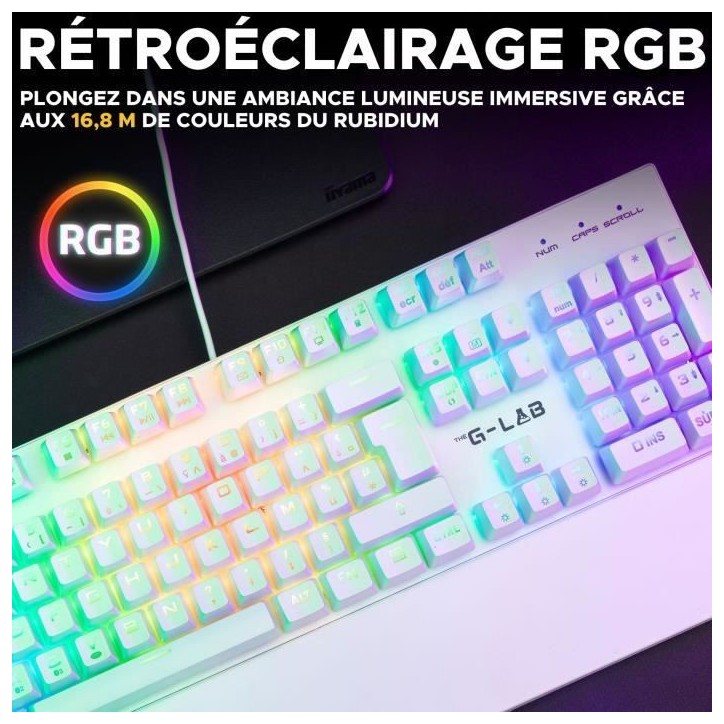 Clavier Gamer - The G-Lab - KEYZ RUBIDIUM - Mécanique (Switch Rouge) - Repose Poignet - RGB - Filaire - Azerty - Blanc Clavier Gamer - The G-Lab - KEYZ RUBIDIUM - Mécanique (Switch Rouge) - Repose Poignet - RGB - Filaire - Azerty - Blanc