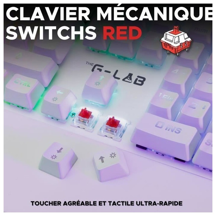 Clavier Gamer - The G-Lab - KEYZ RUBIDIUM - Mécanique (Switch Rouge) - Repose Poignet - RGB - Filaire - Azerty - Blanc Clavier Gamer - The G-Lab - KEYZ RUBIDIUM - Mécanique (Switch Rouge) - Repose Poignet - RGB - Filaire - Azerty - Blanc