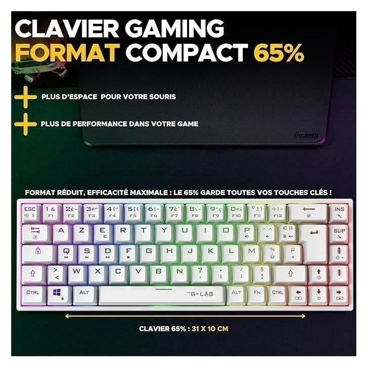 Clavier Gamer sans fil - The G-Lab - KEYZ TITAN - Mécanique (Switch Rouge) - Azerty - Triple mode - RGB - Blanc Clavier Gamer sans fil - The G-Lab - KEYZ TITAN - Mécanique (Switch Rouge) - Azerty - Triple mode - RGB - Blanc
