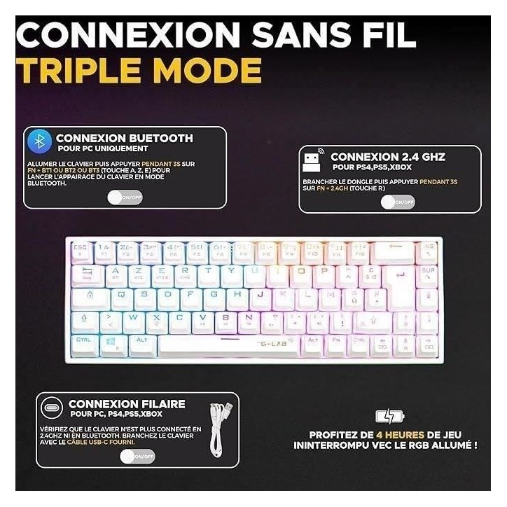 Clavier Gamer sans fil - The G-Lab - KEYZ TITAN - Mécanique (Switch Rouge) - Azerty - Triple mode - RGB - Blanc Clavier Gamer sans fil - The G-Lab - KEYZ TITAN - Mécanique (Switch Rouge) - Azerty - Triple mode - RGB - Blanc