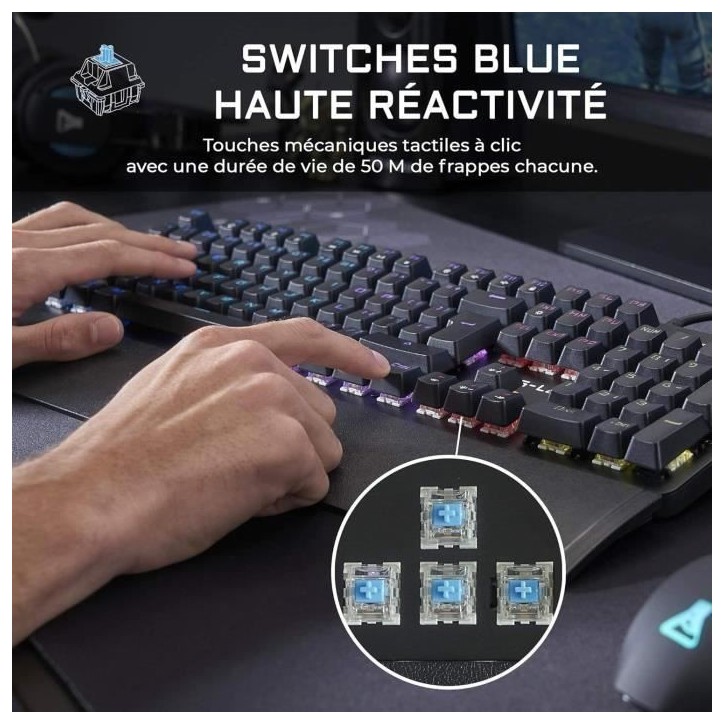 Clavier Gamer - The G-Lab - KEYZ CARBON E - Mécanique (Switch Bleu) - Rainbow - Repose Poignet - Filaire - Azerty - Noir Clavier Gamer - The G-Lab - KEYZ CARBON E - Mécanique (Switch Bleu) - Rainbow - Repose Poignet - Filaire - Azerty - Noir