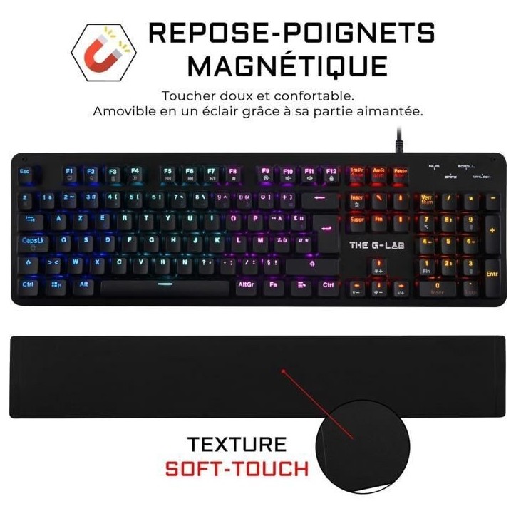 Clavier Gamer - The G-Lab - KEYZ CARBON E - Mécanique (Switch Bleu) - Rainbow - Repose Poignet - Filaire - Azerty - Noir Clavier Gamer - The G-Lab - KEYZ CARBON E - Mécanique (Switch Bleu) - Rainbow - Repose Poignet - Filaire - Azerty - Noir