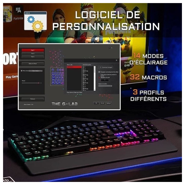 Clavier Gamer - The G-Lab - KEYZ RUBIDIUM - Mécanique (Switch Rouge) - Repose Poignet - RGB - Filaire - Azerty - Noir Clavier Gamer - The G-Lab - KEYZ RUBIDIUM - Mécanique (Switch Rouge) - Repose Poignet - RGB - Filaire - Azerty - Noir