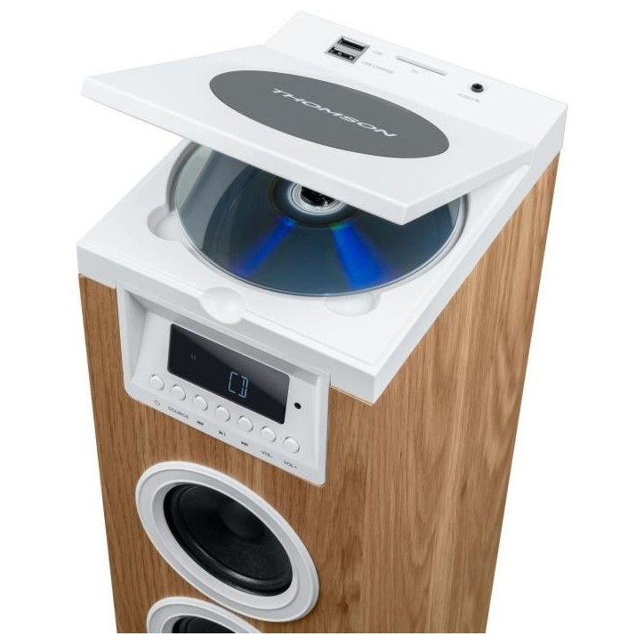 Tour haut-parleur - THOMSON - Bluetooth/CD/USB/SD - Blanc/Bois - 60W - Radio FM Tour haut-parleur - THOMSON - Bluetooth/CD/USB/SD - Blanc/Bois - 60W - Radio FM
