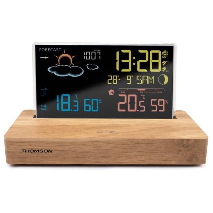 Réveil station météo - THOMSON - Bois foncé - Affichage température, Hygrométrie, Double alarme, USB-C, Sonde sans fil Réveil station météo - THOMSON - Bois foncé - Affichage température, Hygrométrie, Double alarme, USB-C, Sonde sans fil