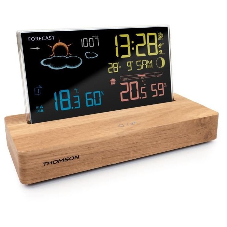 Réveil station météo - THOMSON - Bois foncé - Affichage température, Hygrométrie, Double alarme, USB-C, Sonde sans fil Réveil station météo - THOMSON - Bois foncé - Affichage température, Hygrométrie, Double alarme, USB-C, Sonde sans fil