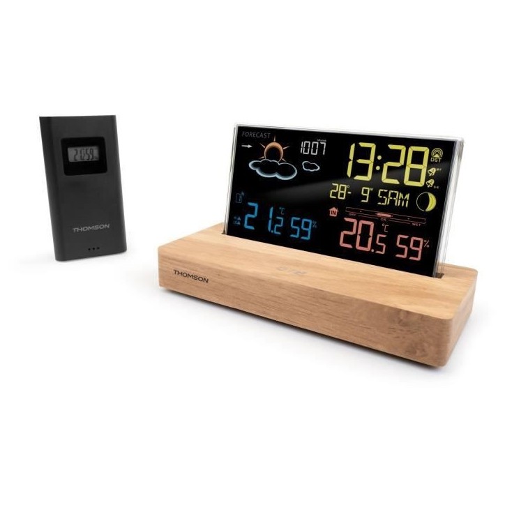 Réveil station météo - THOMSON - Bois foncé - Affichage température, Hygrométrie, Double alarme, USB-C, Sonde sans fil Réveil station météo - THOMSON - Bois foncé - Affichage température, Hygrométrie, Double alarme, USB-C, Sonde sans fil