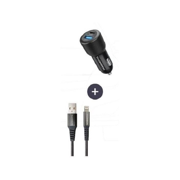 Pack chargeur + câble - THOMSON - Chargeur de voiture 60 W - Câble USB-A vers L 3A