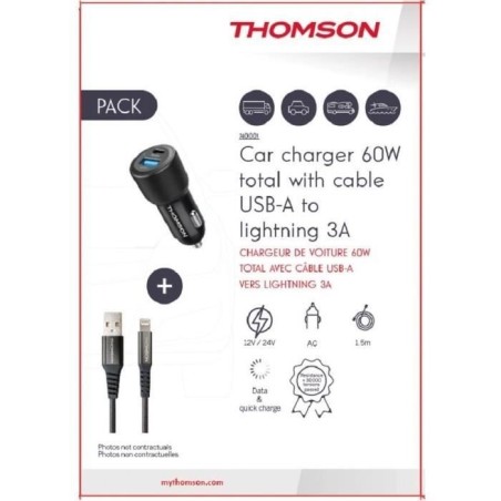Pack chargeur + câble - THOMSON - Chargeur de voiture 60 W - Câble USB-A vers L 3A
