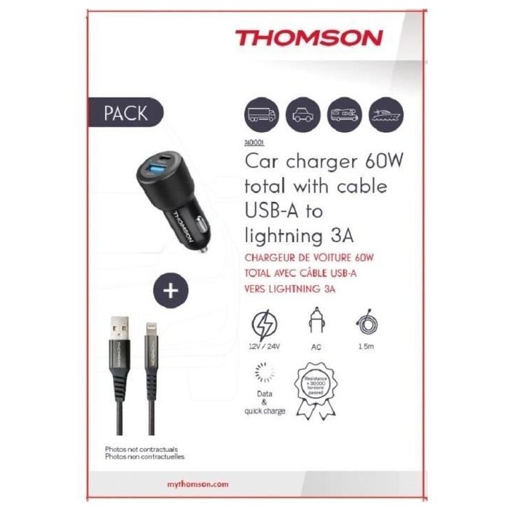 Pack chargeur + câble - THOMSON - Chargeur de voiture 60 W - Câble USB-A vers L 3A