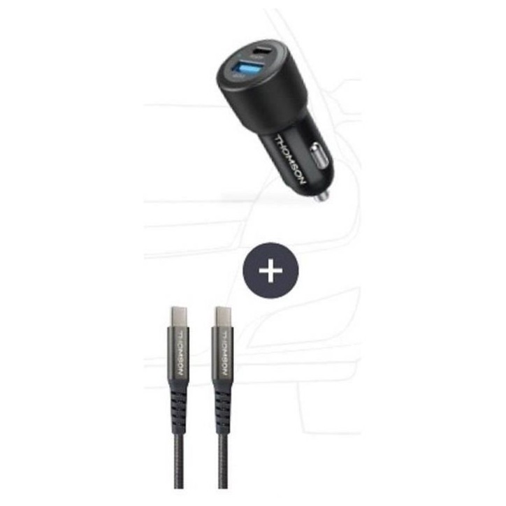 Pack chargeur + câble - THOMSON - Chargeur de voiture 60 W - Câble C vers C 65 W - 1.5 m Pack chargeur + câble - THOMSON - Chargeur de voiture 60 W - Câble C vers C 65 W - 1.5 m