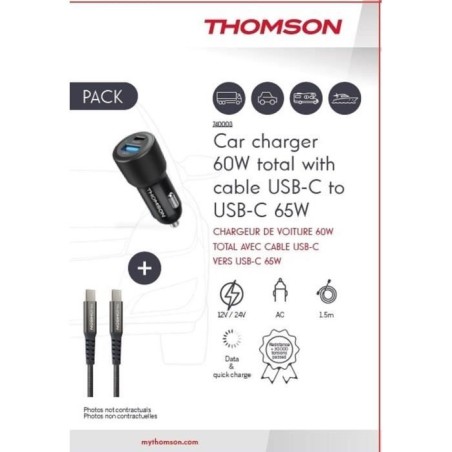Pack chargeur + câble - THOMSON - Chargeur de voiture 60 W - Câble C vers C 65 W - 1.5 m